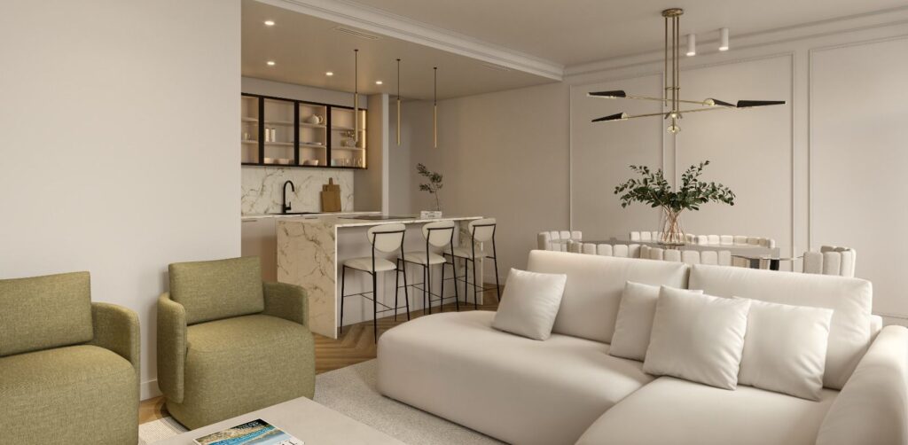 casa-interior-madrid-inmobiliaria Salón reformado con sofá blanco y cocina abierta, proyecto en Goya (Madrid)